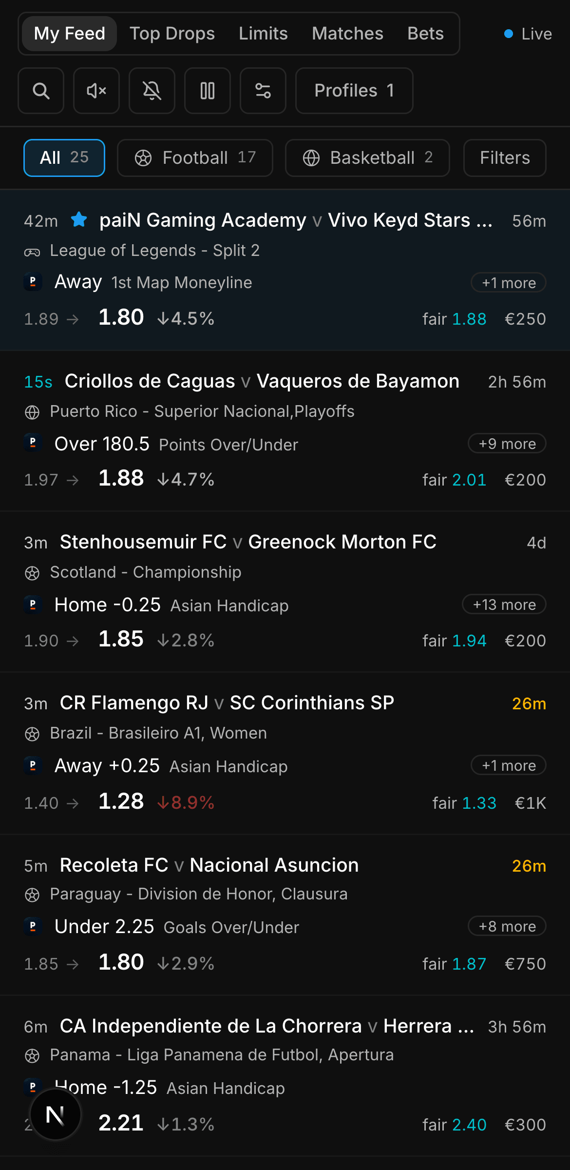 The OddsHub Terminal on mobile: live dropping odds feed